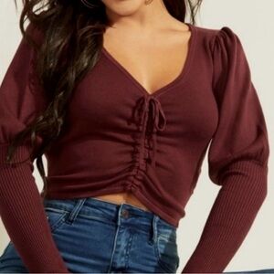 Guess Burgundy Crop Top with Ruched Detail